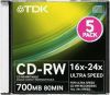 CD-RW TDK 700МБ, 80 мин., 16-24x, 5шт. Slim Case, (CD-RW700USCA5-LC), перезаписываемый компакт-диск